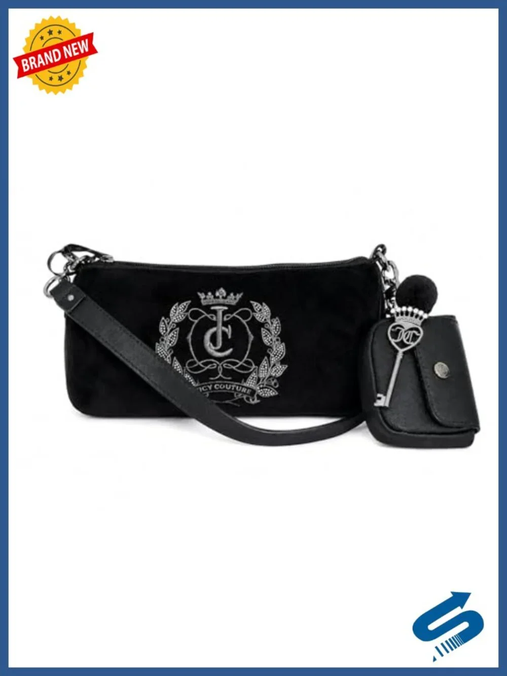 Velour Shoulder Bag with Chain Strap, Mini Pouch, Zip Closure